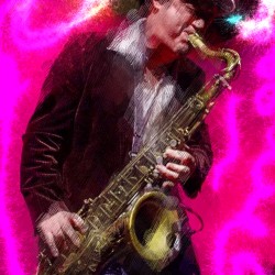 A man playing the saxophone in front of a pink background.